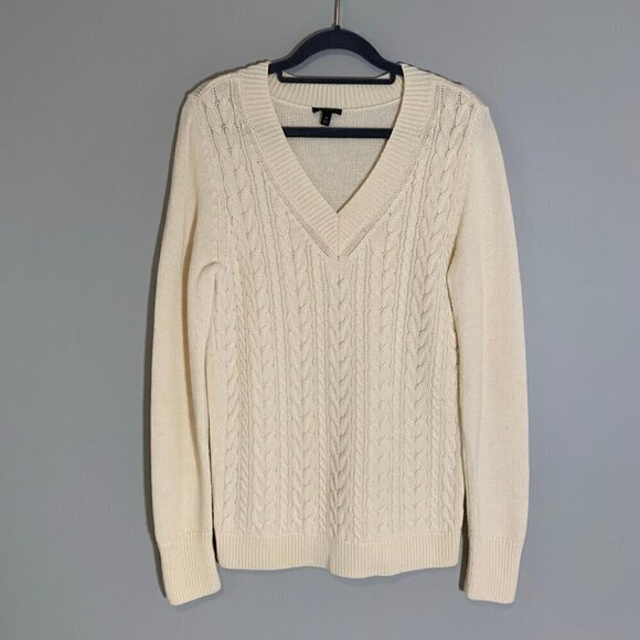 Talbots Sweaters - Talbots Cable Knit Sweater Women Medium Ivory V-Neck Lambswool Blend
